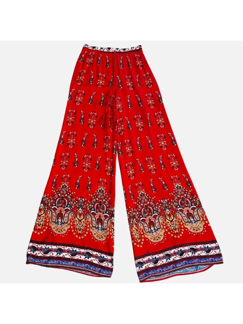 FLYING TOMATO Red Boho Floral Wide Leg Pants Elastic Waist Tie Festival NWT